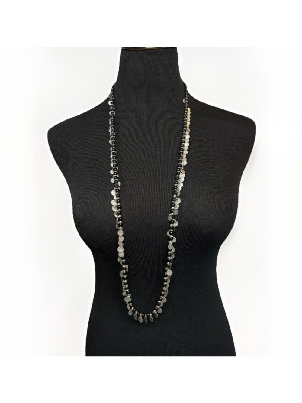 Chicos Black Beaded Silver Tassel Long Necklace Boho Ethnic Tribal